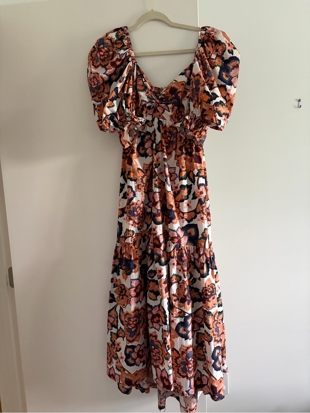Cleobella Floral Puff-Sleeve Maxi Dress in Coral, Navy and Cream